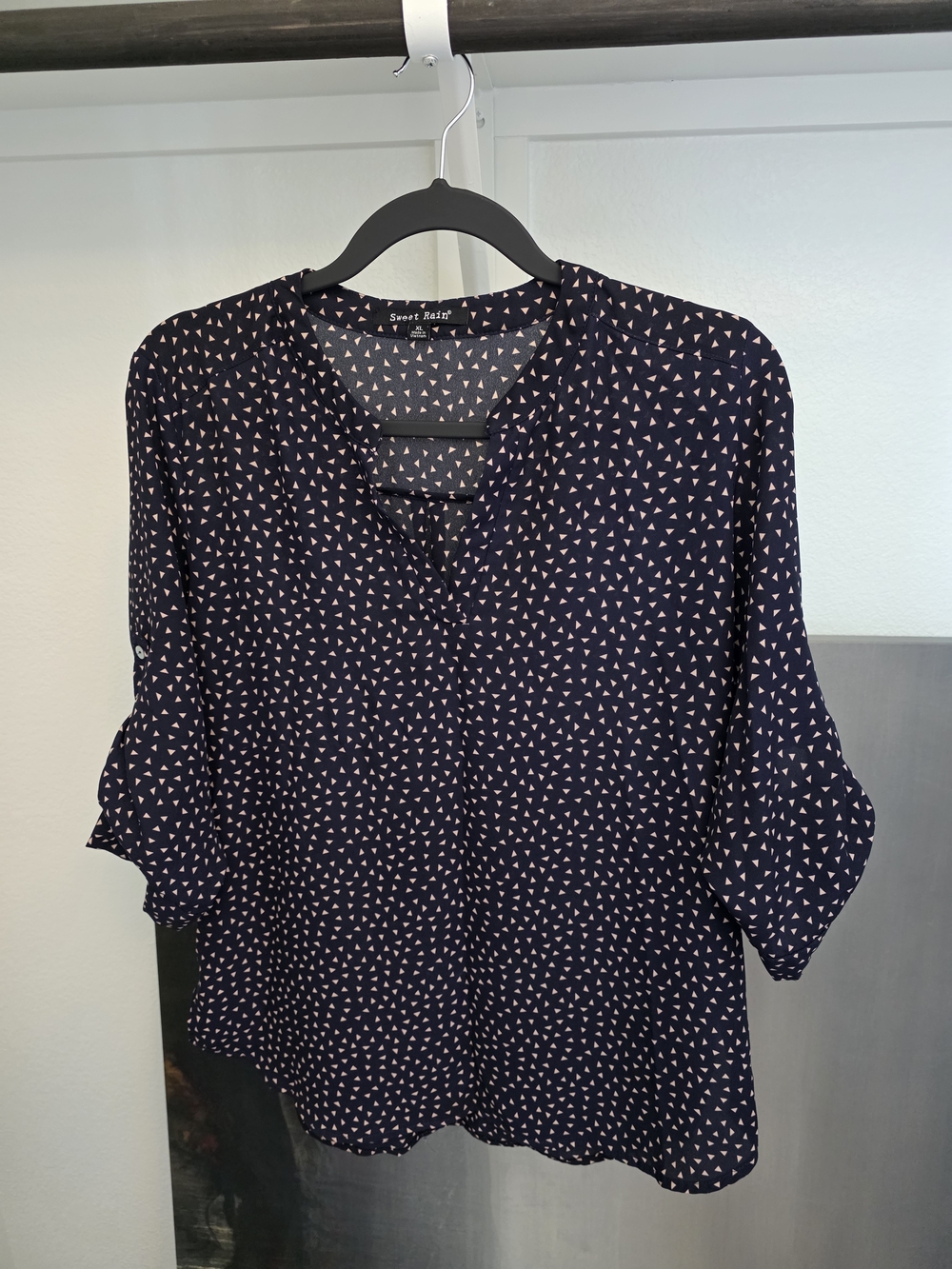 Sweet Rain Navy Blouse with Cream Triangle Print